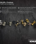 Kohler finishes display showcasing various faucet handle designs and finishes on a textured dark background. The bold look of Kohler.