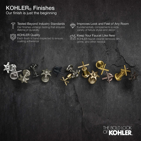 Various KOHLER faucet finishes displayed on a dark surface, highlighting industry standards, durability, and style options.