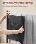 Removable, washable backrest of Solid Twin Bed Frame With Hella Comfy Upholstered Headboard and Sleek Metal Footboard.