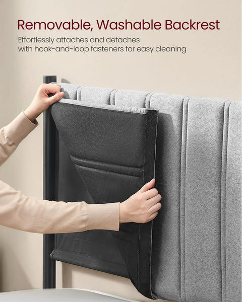 Removable, washable backrest of Solid Twin Bed Frame With Hella Comfy Upholstered Headboard and Sleek Metal Footboard.