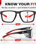 Front and side view of ANSI Z87.1 clear safety glasses with side shields, 5.6 in wide, 1.45 in tall, in black frame with red accents.