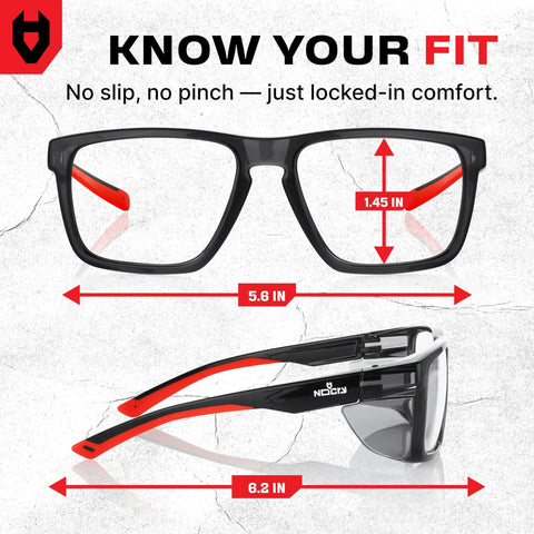 Front and side view of ANSI Z87.1 clear safety glasses with side shields, 5.6 in wide, 1.45 in tall, in black frame with red accents.