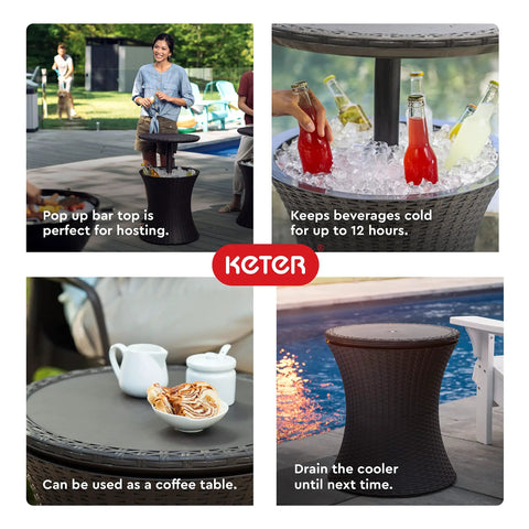 Outdoor Bar Table With Hidden Seven Point Five Gallon Beer And Wine Cooler Pop Up Bar For Gameday Parties Poolside Hangouts And Hot Tub Side Table Durable Dark Grey All Weather Chill Station For Easy Access shown in four uses: hosting, cooling, coffee table, and drained by poolside.