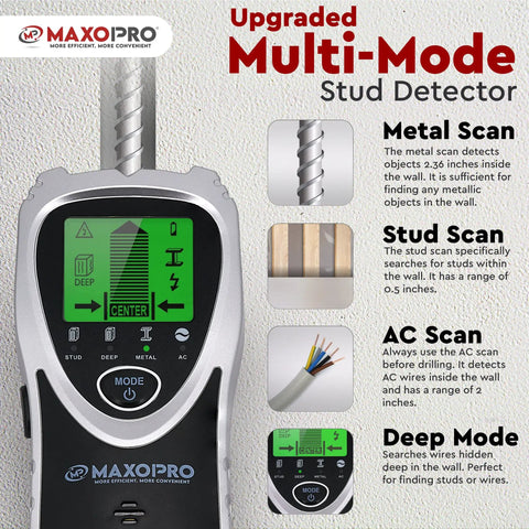 5 In 1 Stud Finder Wall Scanner With Center Beam Locator And Automatic Calibration, metal, wood, AC, and deep mode display