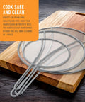 Three Sizes Stainless Steel Splatter Screen Set With Resting Feet 13 Inch 11.5 Inch And 9.5 Inch Fine Mesh Grease Guard on cutting board