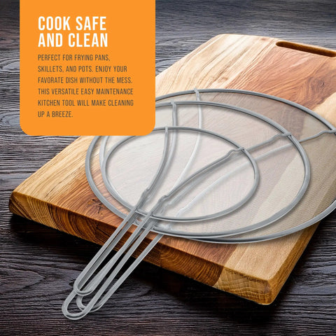 Three Sizes Stainless Steel Splatter Screen Set With Resting Feet 13 Inch 11.5 Inch And 9.5 Inch Fine Mesh Grease Guard on cutting board