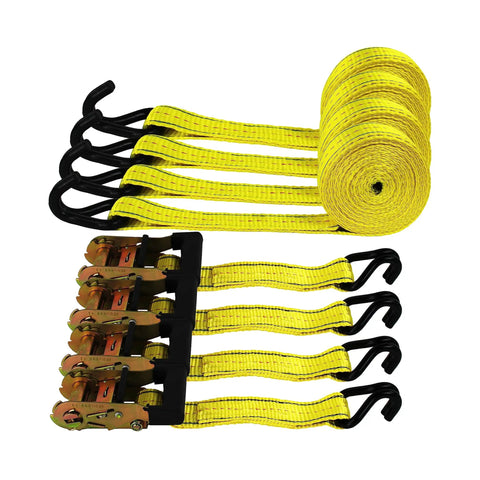 Heavy Duty Ratchet Cargo Tie Down Straps One And A Half Inch By Fifteen Feet 3000 Lbs Break Strength Four Pack With Dual J Hooks