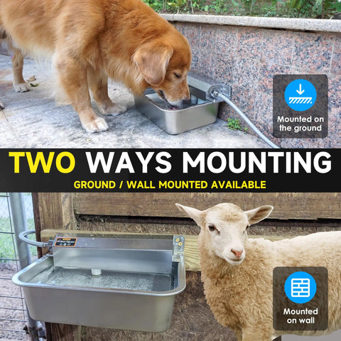 Slick Automatic Dog Water Dispenser With Hella Sturdy Two Gallon Stainless Steel Bowl For Indoor Outdoor Setup and Dead Simple Livestock Hydration Fitting Standard Faucet Adapters, showing ground and wall mounting options.