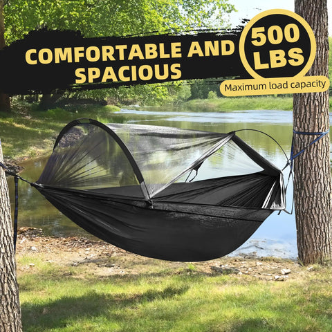 Double Or Single Camping Hammock With Mosquito Net And Tree Straps set up near a lake, showing spacious design and 500 lbs capacity
