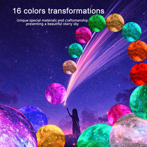 16 color transformations of 7.9 Inch Large Moon Lamp With Galaxy Starry Surface, Remote Control, ambient lighting for bedrooms