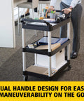 Heavy Duty Three Shelf Rolling Service Cart Built To Haul For Foodservice Restaurant Cleaning And Warehouse Or Garage Use 200 Lb Capacity Black Durable Rust Resistant Easy Maneuverable Ergonomic Handle, dual-handle view