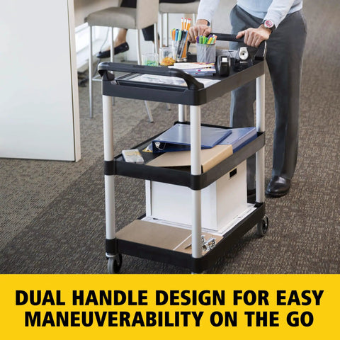 Heavy Duty Three Shelf Rolling Service Cart Built To Haul For Foodservice Restaurant Cleaning And Warehouse Or Garage Use 200 Lb Capacity Black Durable Rust Resistant Easy Maneuverable Ergonomic Handle, dual-handle view