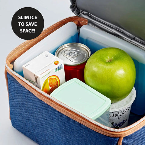 Slim Reusable Ice Packs For Lunch Bags And Coolers Set Of 4 Multicolor in a blue lunch bag keeping drinks and food cool.