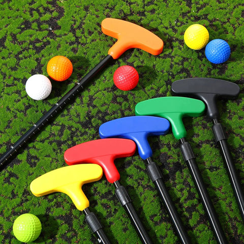 8 Pack Adjustable Mini Golf Putters for Men and Women Two Way Set with colorful heads and balls on grass