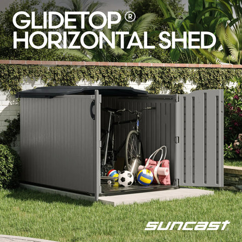 138 Cu Ft Horizontal Outdoor Storage Shed With Glidetop Sliding Lid Weatherproof Resin Shed With Floor open showing contents