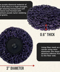 Close-up of a 3-inch diameter purple abrasive stripping brush with fiber mesh on honeycomb disc, used for rust and paint removal.