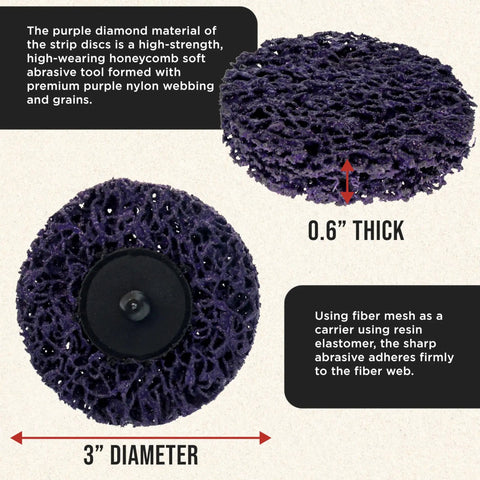 Close-up of a 3-inch diameter purple abrasive stripping brush with fiber mesh on honeycomb disc, used for rust and paint removal.