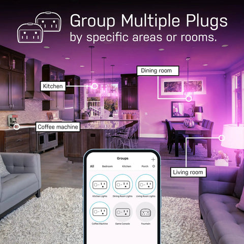 Smart WiFi Plug Works With Alexa And Google Home No Hub Required 2 4 GHz Network Only Remote Control From Anywhere 15 Amp Indoor Outlet For Home Appliances app control interface in living and dining area