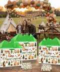 Camping Themed Gift Bag With Tissue Paper And Greeting Card Watercolor Woodland Forest Adventure Design For First Birthday Bash, Baby Shower Or One Year Old Celebration, Wrapping Bag For Outdoor Fun displayed with family and camping setup.
