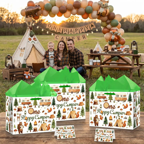 Camping Themed Gift Bag With Tissue Paper And Greeting Card Watercolor Woodland Forest Adventure Design For First Birthday Bash, Baby Shower Or One Year Old Celebration, Wrapping Bag For Outdoor Fun displayed with family and camping setup.