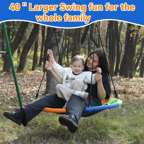 Kids 40 Inch Round Tree Swing Seat Multicolor Saucer Style Outdoor Swing For Backyard Play with adult and child