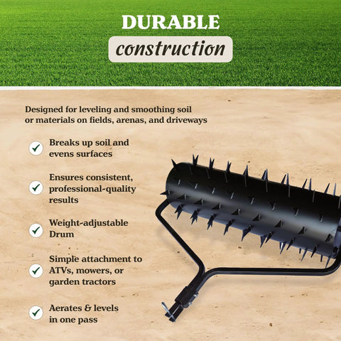60 Inch Drum Spike Aerator Tow Behind Lawn Roller Attachment For ATV UTV And Riding Tractors With 126 Heavy Duty Spikes