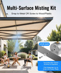 People enjoying patio cooled by Magnetic Outdoor Fan Misting Kit With Triple Nozzle Design, 16.4 Foot Misting Line.