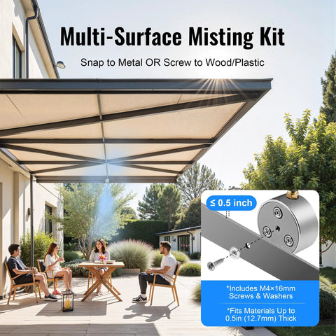 People enjoying patio cooled by Magnetic Outdoor Fan Misting Kit With Triple Nozzle Design, 16.4 Foot Misting Line.
