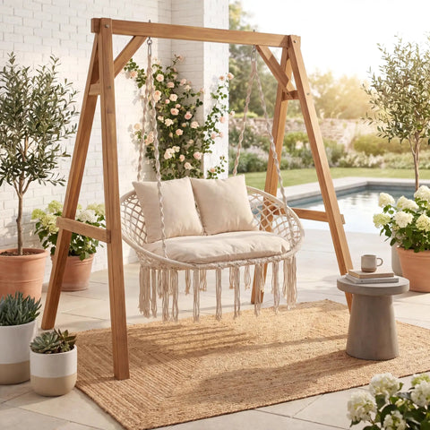 Double Hammock Chair With Cushions For Indoor And Outdoor Hangouts Boho Macrame Swing Seat That Fits Two People Patio Balcony Porch Supports Up To 600 Lbs Cozy Beige displayed on a patio with plants