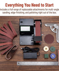 Dude Get This 7 Speed Mini Bench Belt Sander It Is A Sweet 250W Grinder With Reverse Control Perfect For Sharpening Knives And Polishing Wood Or Metal Comes With Wheels And Belts To Crush Any DIY Project Fast. Includes attachments for sanding, polishing, and edge finishing.