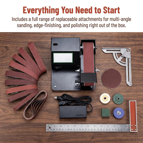 Dude Get This 7 Speed Mini Bench Belt Sander It Is A Sweet 250W Grinder With Reverse Control Perfect For Sharpening Knives And Polishing Wood Or Metal Comes With Wheels And Belts To Crush Any DIY Project Fast. Includes attachments for sanding, polishing, and edge finishing.