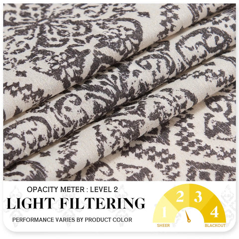 Close-up of Natural Linen Door Curtain For Privacy And Light Filtering Boho French Door Shade fabric with floral pattern