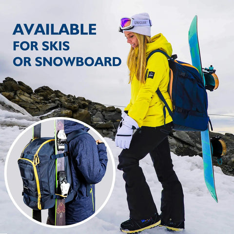 Person on snowy slope carrying a Ski Boot Bag 50L Travel Backpack For Boots Helmet Goggles Gloves Skis Snowboard Gear Blue, Durable Carrier.