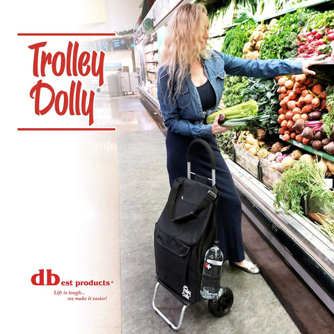 Woman using Trolley Dolly Foldable Shopping Cart With Oversize All Terrain Wheels Removable Bag With Seven Pockets Rubber Grip Handle in grocery store.