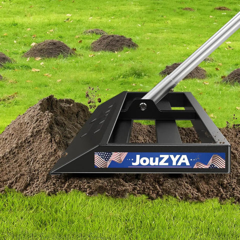 Heavy Duty Lawn Leveling Rake 45x10 Inch Stainless Steel Head With Adjustable Handle on grass and soil