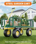 Heavy Duty Steel Garden Wagon Cart With 1400 Pound Capacity Three In One Convertible Utility Cart With 13 Inch Wheels And 180 Degree Handle Collapsible Outdoor Yard Trailer In Green And Yellow The Ultimate Workhorse loaded with plants