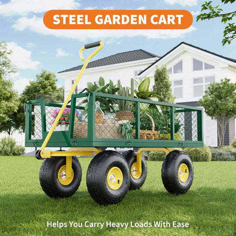 Heavy Duty Steel Garden Wagon Cart With 1400 Pound Capacity Three In One Convertible Utility Cart With 13 Inch Wheels And 180 Degree Handle Collapsible Outdoor Yard Trailer In Green And Yellow The Ultimate Workhorse loaded with plants