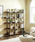 5 Tier Industrial Bookcase with black metal frame, brown finish, in a well-lit room; measures 70.9 x 10.2 x 70.7 inches.