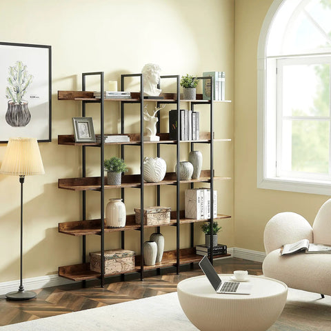 5 Tier Industrial Bookcase with black metal frame, brown finish, in a well-lit room; measures 70.9 x 10.2 x 70.7 inches.