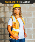 Woman wearing Boss Lady Womens Safety Vest 2-Pack Snug Fit With 9-Pocket Design Class 2 High Visibility Reflective ANSI OSHA Fitted PPE