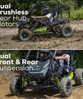 60V Gen 2 Stealth Series All Terrain Two Seat Electric Go Kart for teens with dual brushless hub motors on dirt path