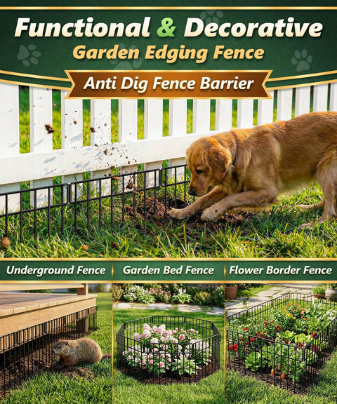 14 Panel 20 Ft No Dig Garden Fence Animal Barrier Kit for Dogs and Rabbits shown installed as edging border in yard.