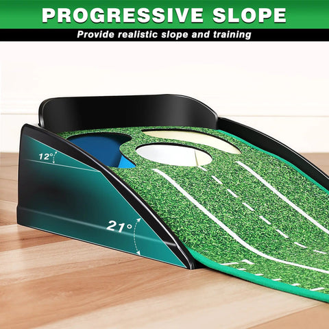 Pro Grade Golf Putting Mat With Gates And Mirror, Progressive Slope Design, Indoor Practice Green Lite Version, close-up angle.