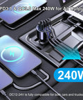 Ride Ready Hella Fast 240W Type C Car Charger Featuring 4 PD 3.1 140W And PD 3.0 100W Ports charging multiple devices in a vehicle.