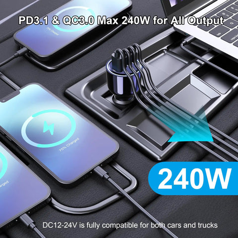Ride Ready Hella Fast 240W Type C Car Charger Featuring 4 PD 3.1 140W And PD 3.0 100W Ports charging multiple devices in a vehicle.