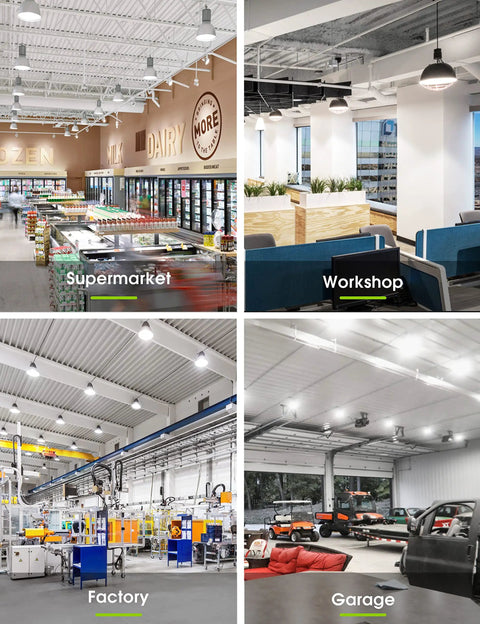 A19 LED Light Bulbs 150W Equivalent 17W 5000K Daylight White 1600 Lumen lighting in supermarket, workshop, factory, garage.