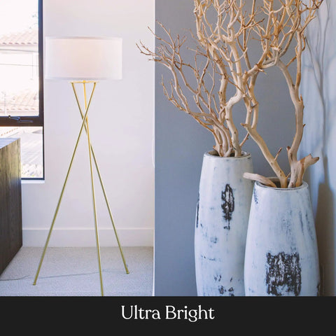 LED Floor Lamp With Gold Tripod Base And Drum Shade, Tall Contemporary Standing Lamp For Living Rooms And Offices, Modern Industrial Style Lit Glow For Bedroom Reading And Home Decor