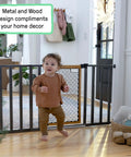 Solid Wood Cherry Stain Arched Baby Gate With Charcoal Gray Metal Frame 30 Inch Tall Fits Openings From 28 To 42 Inches in use