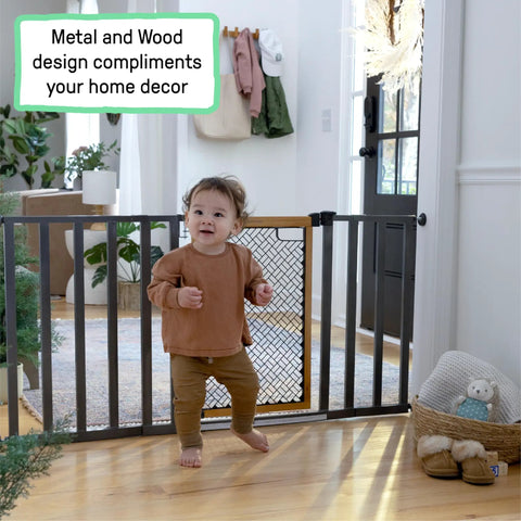 Solid Wood Cherry Stain Arched Baby Gate With Charcoal Gray Metal Frame 30 Inch Tall Fits Openings From 28 To 42 Inches in use