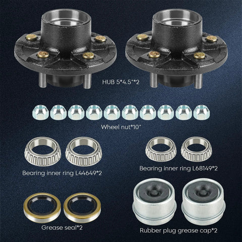 Two Amazon trailer idler hub kits, 5x4.5 bolt pattern for 3500 lb trailers, with bearings, grease seals, and nuts